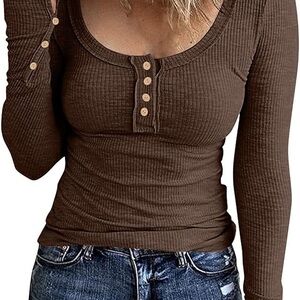 Women's Brown Ribbed Long Sleeve Henley